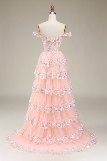Princess A Line Off the Shoulder Blush Long Ball Dress with Appliques